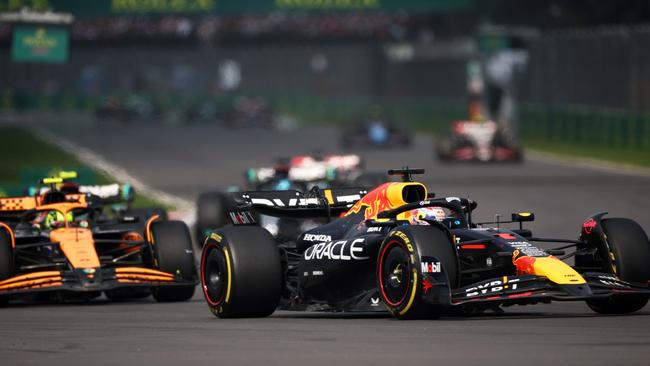 MEXICO CITY, MEXICO - OCTOBER 27: Max Verstappen of the Netherlands driving the (1) Oracle Red Bull Racing RB20 leads Lando Norris of Great Britain driving the (4) McLaren MCL38 Mercedes on track during the F1 Grand Prix of Mexico at Autodromo Hermanos Rodriguez on October 27, 2024 in Mexico City, Mexico. (Photo by Jared C. Tilton/Getty Images)