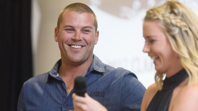 Danny Wicks laughs as he is interviewed by Clarence Valley Sports Award MC Katie Brown.