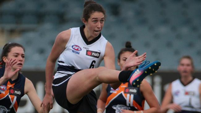 MELBOURNE, AUSTRALIA - MAY 25: Alyssa Bannan of Nothern Knights kicks during the NAB League Girls Grand Final match between the Northern Knights and the Calder Cannons at Ikon Park on May 25, 2019 in Melbourne, Australia. (Photo by Luke Hemer/AFL Photos/Getty Images)