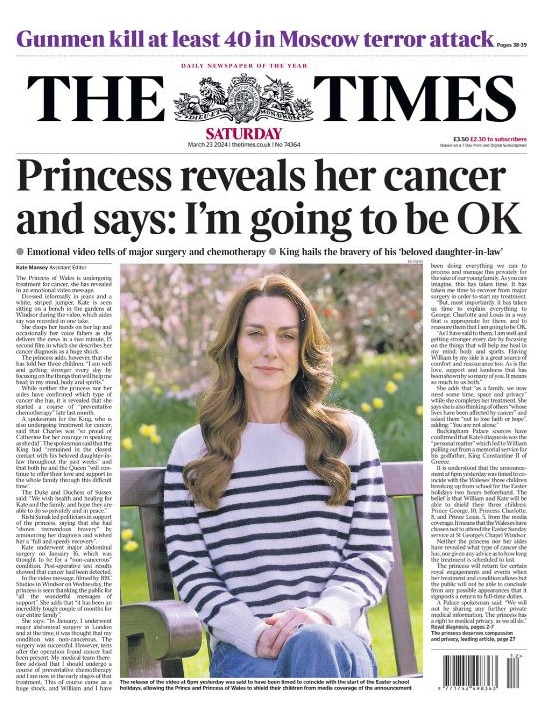 How The Times reported Kate Middleton’s announcement.