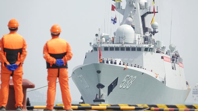 China’s guided-missile frigate Yantai arrives at Yantai Port in Shandong Province during a celebration of the 74th anniversary of the founding of the Chinese People's Liberation Army Navy in 2023. Picture: Tang Ke/VCG.