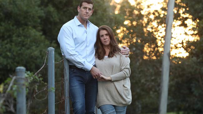 Afghanistan war hero Ben Roberts-Smith with his wife Emma on Queensland’s Sunshine Coast yesterday. Picture: Lyndon Mechielsen