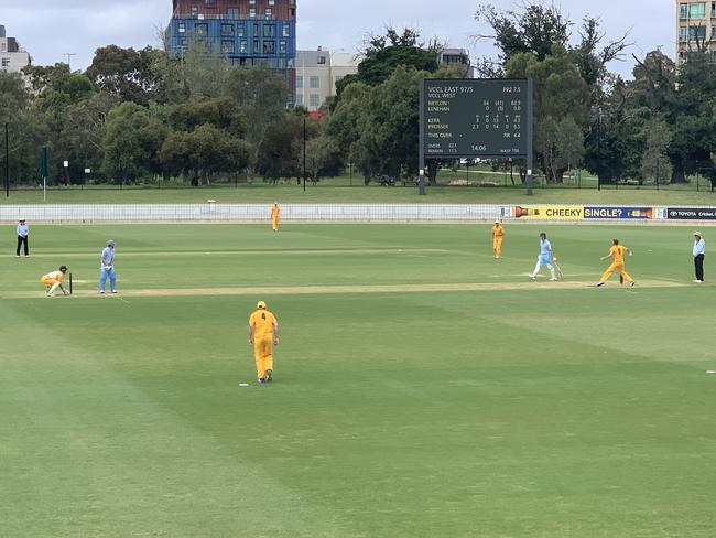 Leg-spinner Matt Prosser bowls in the VCCL East versus West game at the Junction Oval on Sunday.