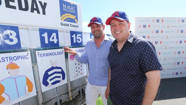 Brothers Andrew (left) and Luke Henderson at the Magic Millions 2YO Classic barrier draw. They are part-owners of emergency Terminology. Picture Mike Batterham