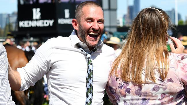 Sokolski celebrating after Verry Elleegant won the Melbourne Cup. Picture: Getty Images