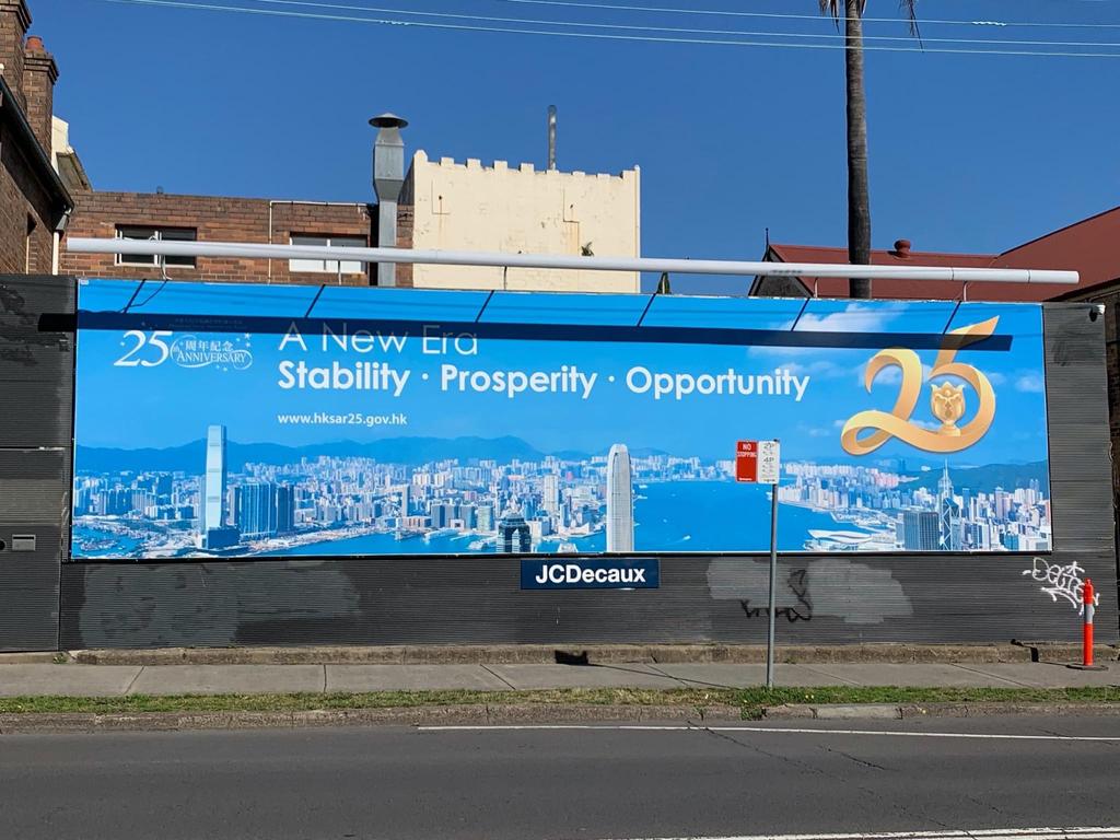 Billboards claiming Hong Kong has entered a "new era" of "stability. prosperity. opportunity" has been blasted as "CCP propaganda" by Hong Kong diaspora living in Melbourne and Sydney. Picture: @KyinzomDhongdue / Twitter