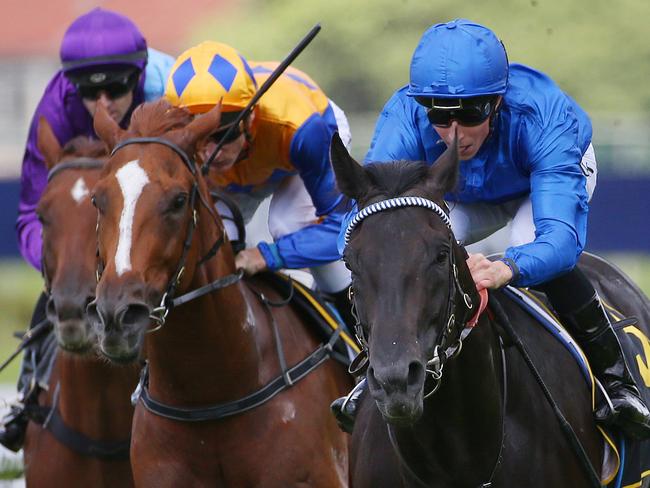 Spectroscope ridden by William Buick (right) wins the Schweppes Handicap race during Ladies Day at Rosehill Racecourse in Sydney, Saturday, March 11, 2017. (AAP Image/David Moir) NO ARCHIVING, EDITORIAL USE ONLY