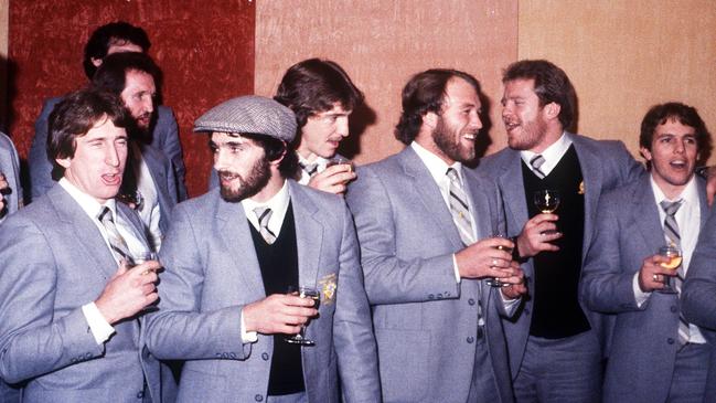 Steve Mortimer, Ray Price, Steve Ella, Brett Kenny, Wally Lewis, Ian Schubert and Kerry Boustead enjoy a drink on tour in 1982. Picture: NRL Photos