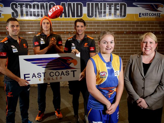 The East Coast Eagles have announced a girls competition for next year with the help of the GWS Giants.Josh Kelly, Jack Steele, Jake Barrett, Chloe Arndt and Mayor Michelle Byrne