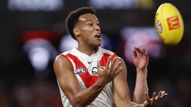 Joel Amartey of the Swans flies for a mark. Picture: Darrian Traynor/AFL Photos/via Getty Images