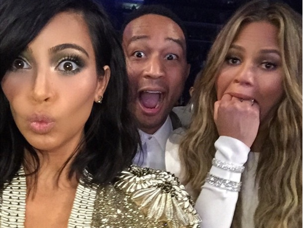 Kim Kardashian, John Legend and Chrissy Teigen make faces in the crowd: "This is the Beck won that award face?!?!?!" Picture: Kim Kardashian Instagram