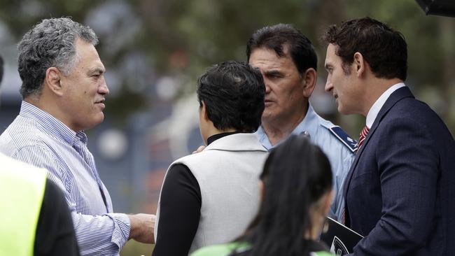 Paul Quinn, chairman of White Island Tours talks with Police Minister Stuart Nash following a meeting with the family of volcano victim Hayden Marshall-Inman. Picture: AP