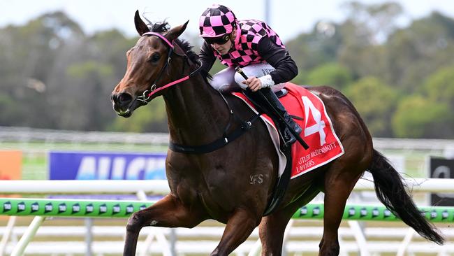 Cosmo Centaurus dashes away to win the $100,000 Inglis bonus for Rob Heathcote and jockey Bailey Wheeler at the Sunshine Coast. Picture: Grant Peters - Trackside Photography.