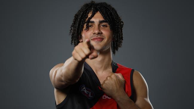 MELBOURNE, AUSTRALIA - NOVEMBER 20: Isaac Kako of the Bombers poses for a photograph during the 2024 AFL Draft at Marvel Stadium on November 20, 2024 in Melbourne, Australia. (Photo by Daniel Pockett/Getty Images)