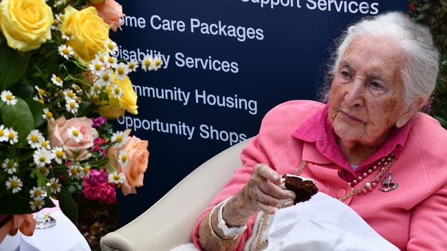 Iris Nankivell enjoys a piece of cake during her 107th birthday at the Noel Miller Centre in Glen Iris on March 23. Picture: Supplied