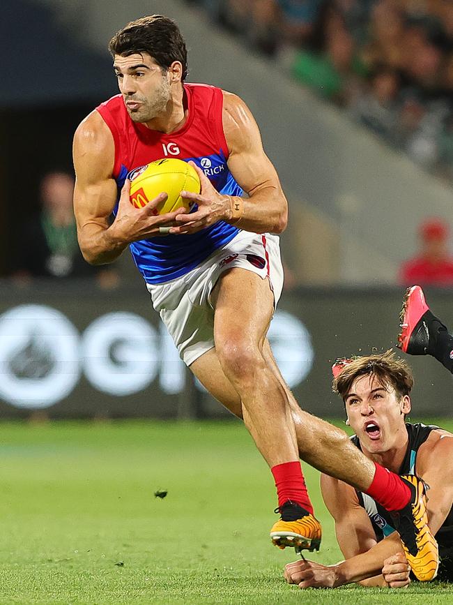 Christian Petracca in action against Port Adelaide at Adelaide Oval. (Photo by Sarah Reed/AFL Photos via Getty Images)