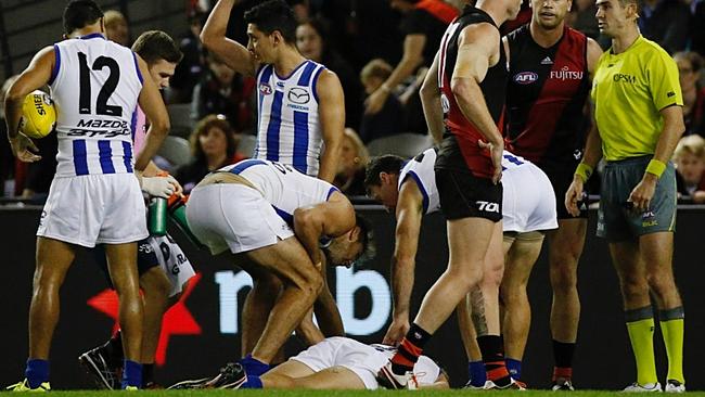 North Melbourne's Mason Wood on the ground. Picture: George Salpigtidis