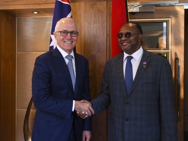 Prime Minister Turnbull with the Prime Minister of Vanuatu Charlot Salwai in London. Picture: AAP