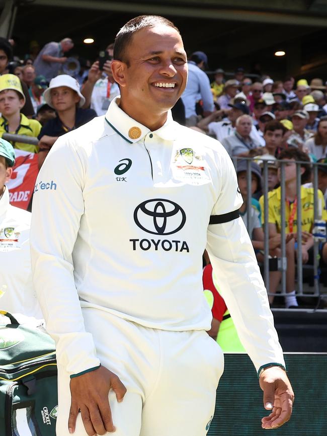 Usman Khawaja wears a black arm band. Picture: Getty Images