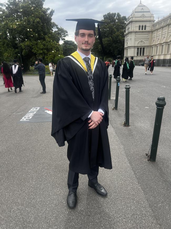 Lochlan Gibbons-Tighe (Bachelor of Fine Arts (Theatre)) at the University of Melbourne graduations held at the Royal Exhibition Building on Saturday, December 14, 2024. Picture: Jack Colantuono