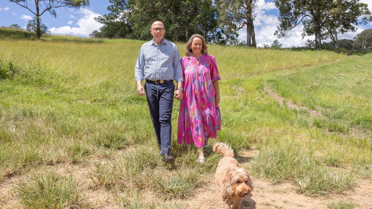 Opposition Leader Peter Dutton and his wife Kirilly and dog Ralph. Picture: Paul Harris