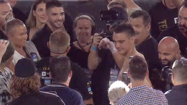 Michael Zerafa (top left) taunts Tim Tszyu after his first round KO.