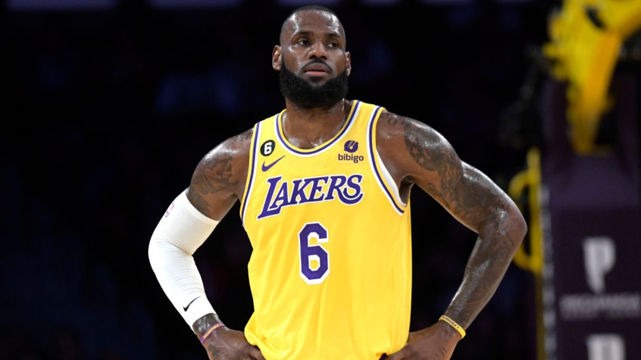 LOS ANGELES, CA - OCTOBER 03: LeBron James #6 of the Los Angeles Lakers looks on during a break in the action during the first half with Sacramento Kings at Crypto.com Arena on October 3, 2022 in Los Angeles, California. (Photo by Kevork Djansezian/Getty Images)