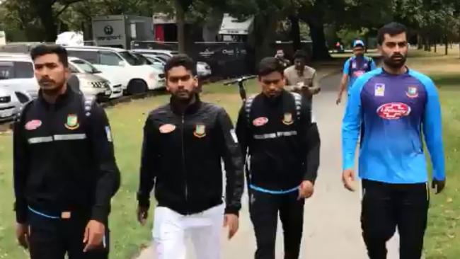 Bangladesh cricket team members rapidly walking from the mosque. Source Twitter/Mohammad Isam 