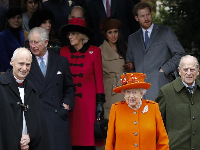 (L-R) Prince Charles and Camilla, Prince Harry and Meghan, Queen Elizabeth and Prince Philip after the Royal Family's traditional Christmas Day church service in 2017. Picture: AFP