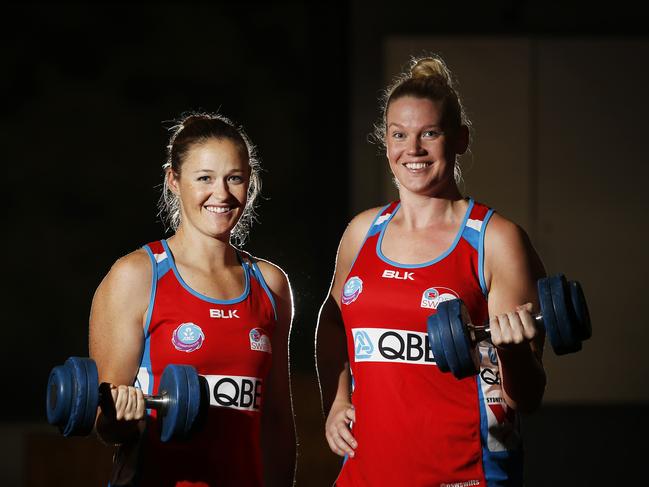 NSW Swifts sharp shooters Susan Pettitt and Caitlan Thwaites working out in the weight room at NSW Institute of Sport ahead of their Grand Final rematch against the Qld Firebirds. Picture: Dylan Robinson