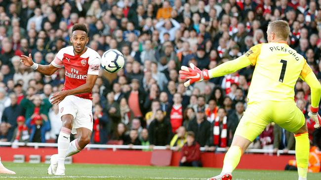 Pierre-Emerick Aubameyang was clearly offside before netting Arsenal’s second goal. Picture: AFP