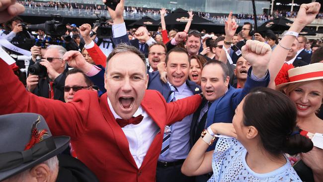 Connections of Redzel celebrate winning the Everest. Pic: Mark Evans/Getty Images.