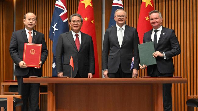 Anthony Albanese and Chris Bowen with China's Ambassador Xiao Qian (left) and Premier Li Qiang at Parliament House on Monday. Picture: Mick Tsikas/AFP