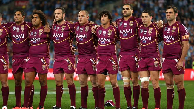 The Maroons sing the national anthem before game three of the ARL State of Origin series in 2013. Picture: Cameron Spencer/Getty Images