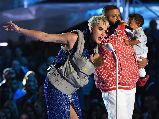 Host Katy Perry and DJ Khaled speak onstage during the 2017 MTV Video Music Awards at The Forum on August 27, 2017 in Inglewood, California. Picture: Getty