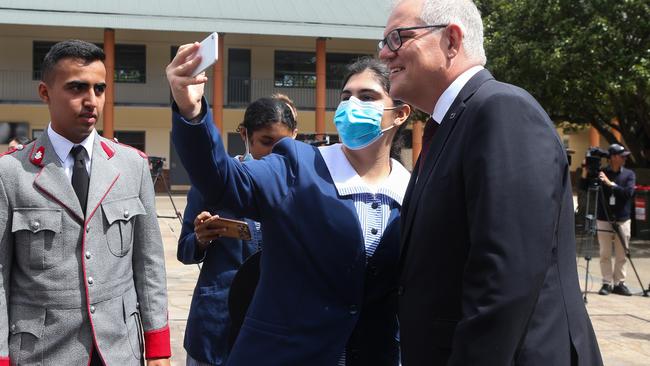 Prime Minister Scott Morrison meets students from Tara Anglican and The King’s at North Parramatta at the start of i4give Week in February. Picture Gaye Gerard