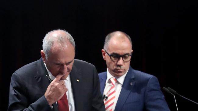 NAB Chairman Ken Henry (left) and CEO Andrew Thorburn at the bank’s AGM in Melbourne. Picture: David Geraghty 