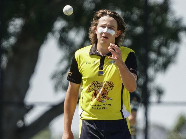 MPCA: District: Carrum Downs v Frankston YCW. Ben Williams bowling for Frankston YCW. Picture: Valeriu Campan