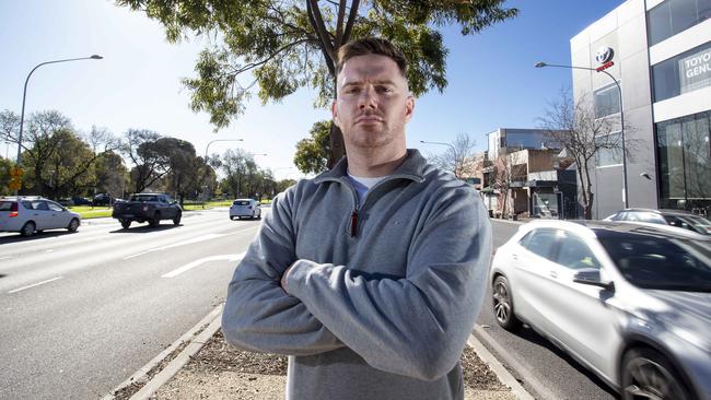 Sean Davies at the site on West Tce where he helped save Ben Hyde’s life. Picture: Brett Hartwig