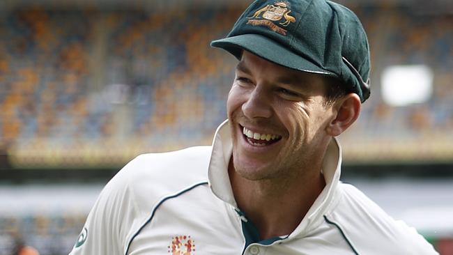 BRISBANE, AUSTRALIA - NOVEMBER 24: Tim Paine and Marnus Labuschagne of Australia celebrates victory during day four of the 1st Domain Test between Australia and Pakistan at The Gabba on November 24, 2019 in Brisbane, Australia. (Photo by Ryan Pierse/Getty Images)