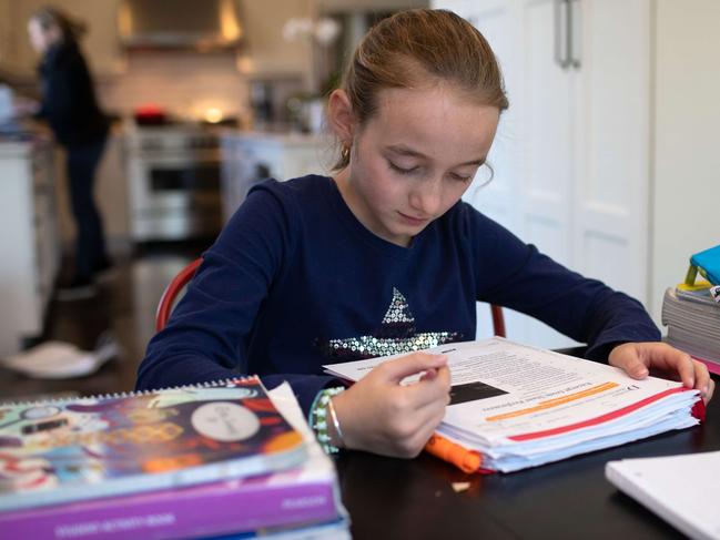 Clementine Sweeney, 10, studying during home schooling. Picture: John Moore/Getty/AFP