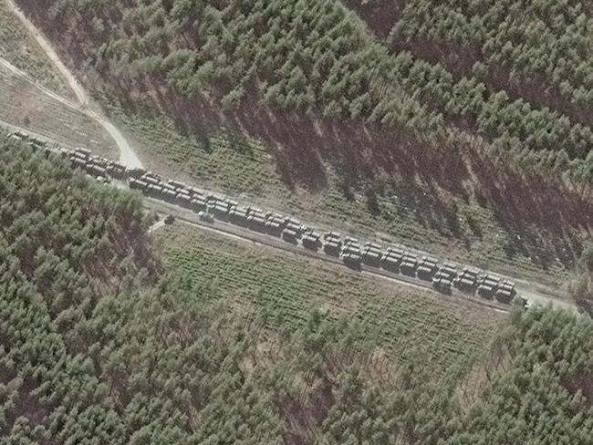 A closer view of the northern section of a convoy with more than 100 vehicles in this small section of road, southeast of Ivankiv, Ukraine, taken on February 28. Picture: Satellite image Â©2022 Maxar Technologies / AFP