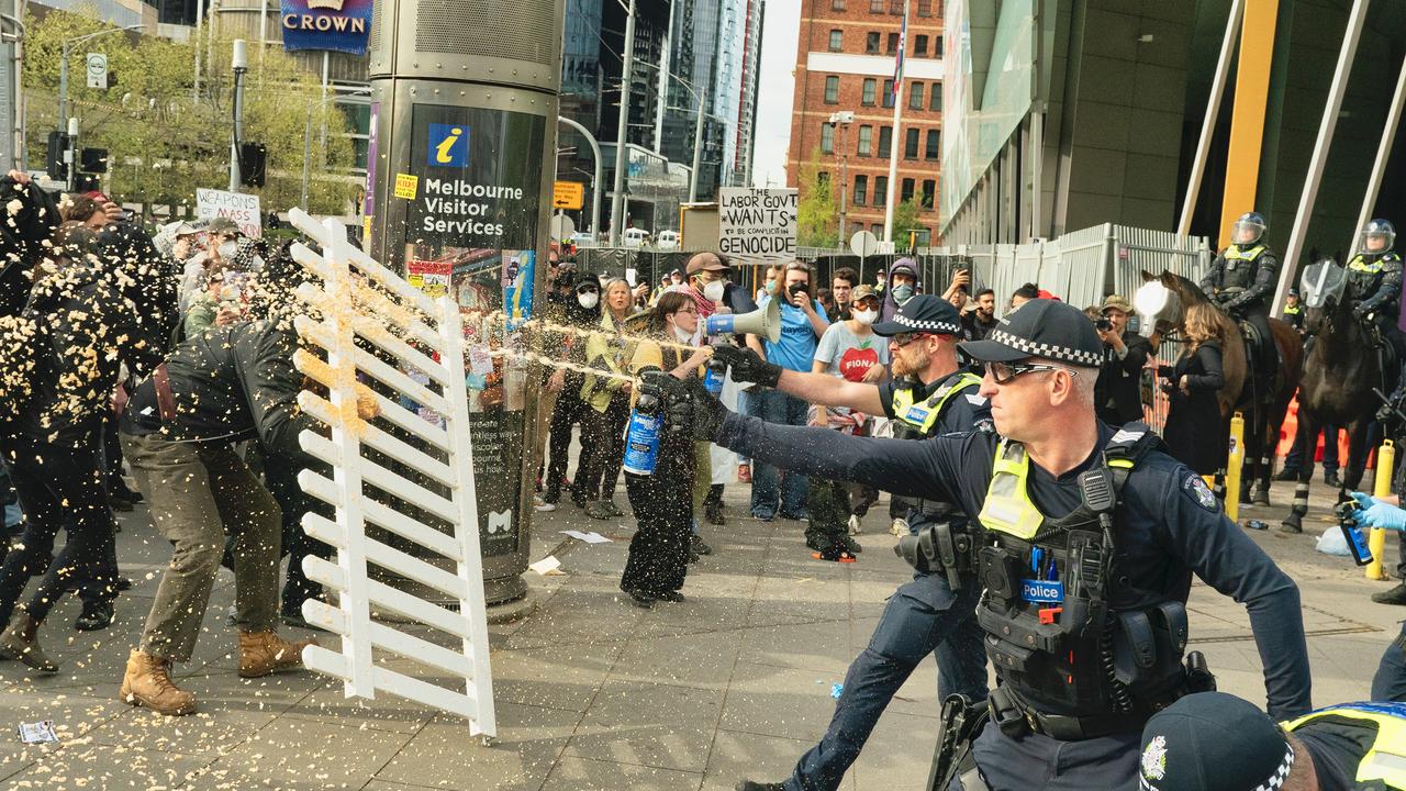 Protestor rally outside the Landforces event in Melbourne. Picture: NewsWire / Luis Enrique Ascui