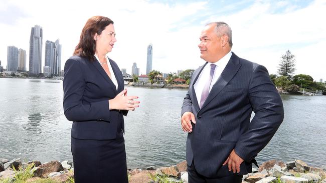 Queensland Premier Annastacia Palaszczuk with Mayor Tom Tate on the Gold Coast — he wants the State’s political leaders to back a referendum on daylight saving. Picture: Richard Gosling