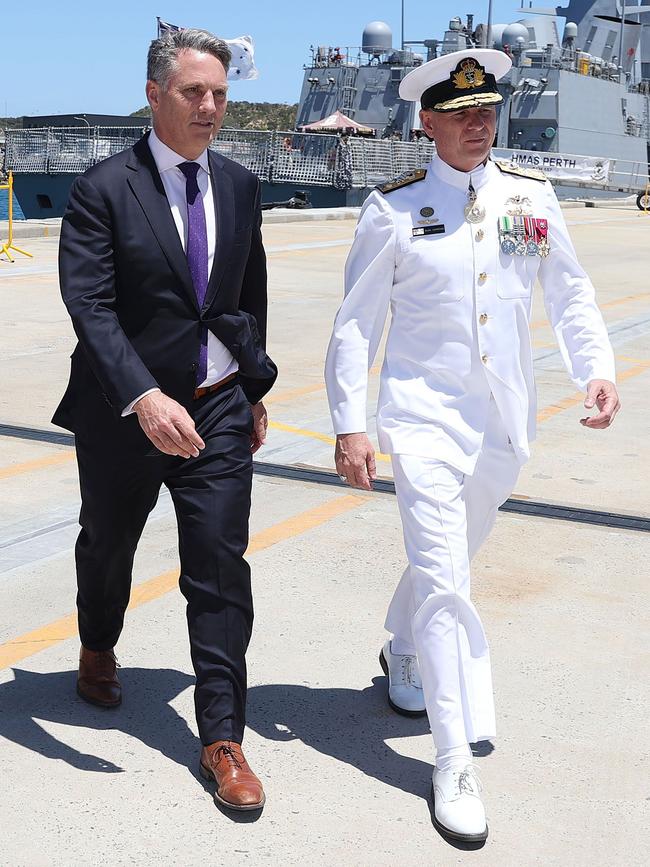 Richard Marles and Chief of Navy Vice Admiral Mark Hammond on Wednesday. Picture: Justin Benson-Cooper / The West Australian