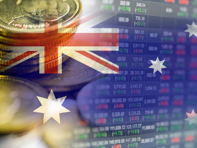 Stock market investment trading financial, coin and Australia flag or Forex for analyze profit finance business trend data background.