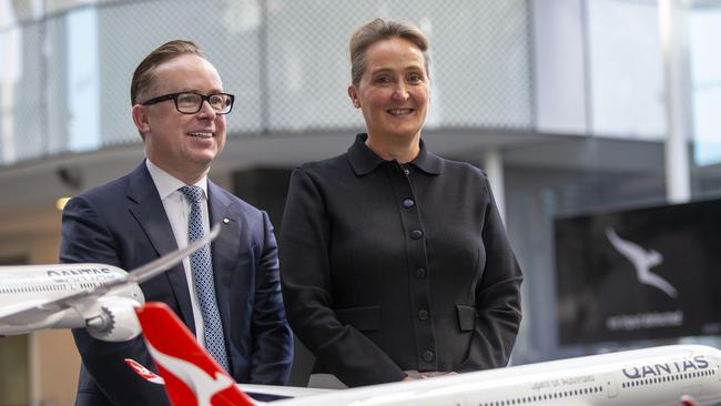 New Qantas boss Vanessa Hudson with her predecessor Alan Joyce last month. Picture: NCA NewsWire / Christian Gilles