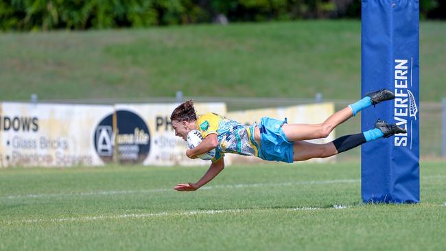 Ryder Nelson scoring a try for the Northern Rivers Titans against the Newcastle-Maitland Region Knights during round one of the Andrew Johns Cup. Picture: DC Sports Photography.