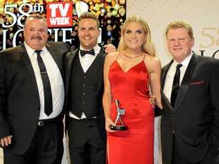 BETTER TIMES: The NRL Footy Show hosts (left) to right Darryl Brohman, Beau Ryan, Erin Molan and Paul Vautin win the Best Sports Program award during the 2016 Logie Awards. Picture: JOE CASTRO