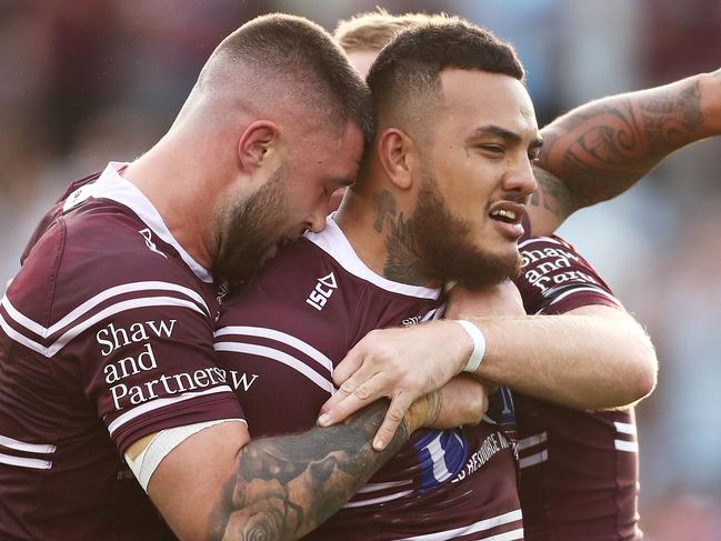 SYDNEY, AUSTRALIA - MAY 19: Addin Fonua-Blake of the Sea Eagles celebrates with team mates after scoring a try during the round 10 NRL match between the Cronulla Sharks and the Manly Sea Eagles at Shark Park on May 19, 2019 in Sydney, Australia. (Photo by Matt King/Getty Images)